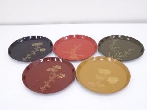 漆塗沈金草花図変丸盆5客